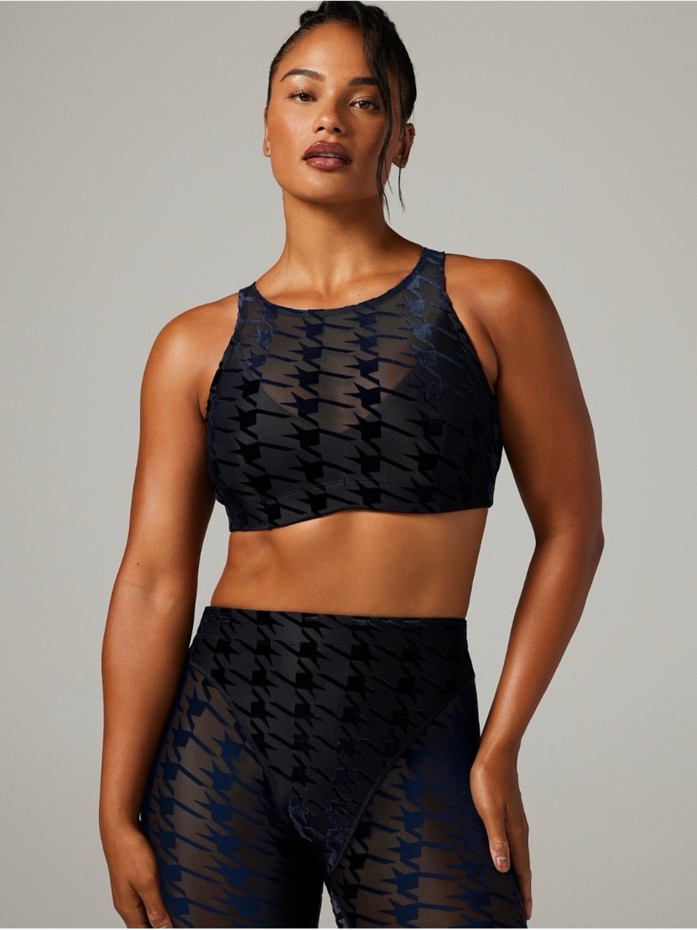 Savage X Fenty Black High-Neck Houndstooth Mesh Sports Bralette